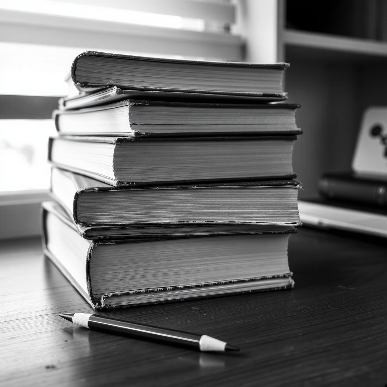 A stack of well-worn books and a pencil