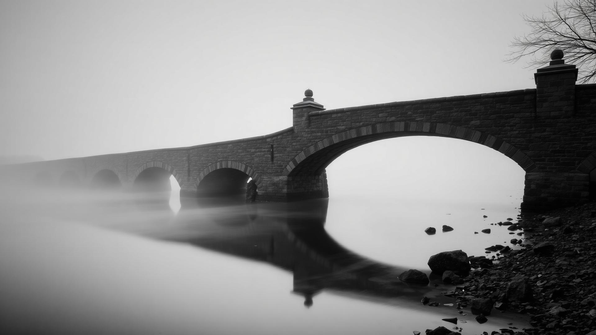 A stone bridge crossing calm water at dawn