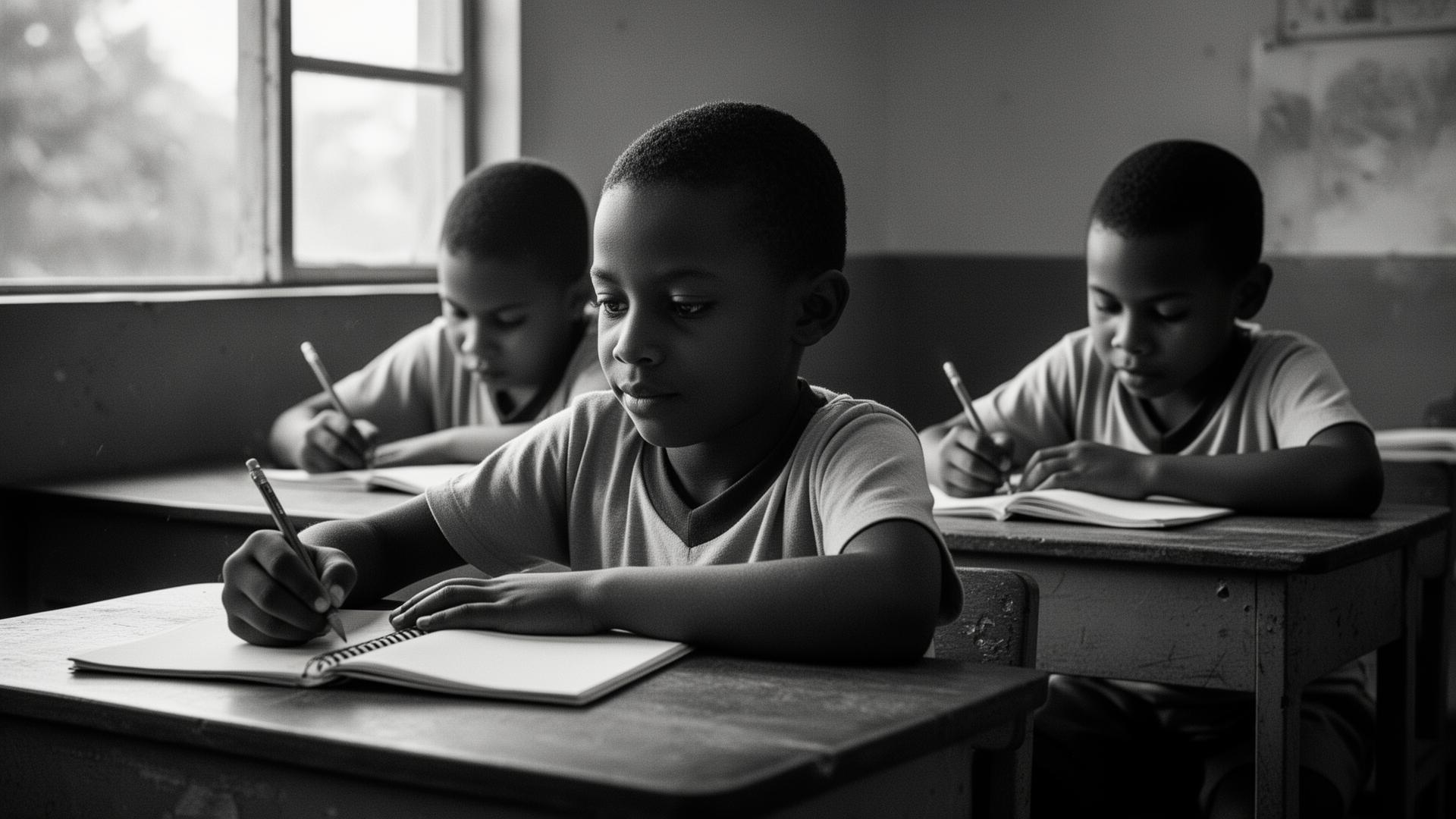 A Dominican child writing quietly in a classroom